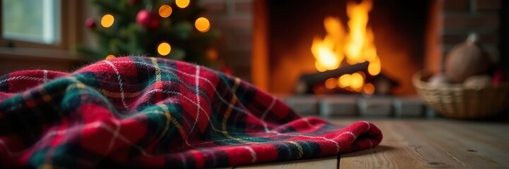 Obraz premium Cozy plaid blanket by crackling fire in warm Christmas scene, comfort, warm