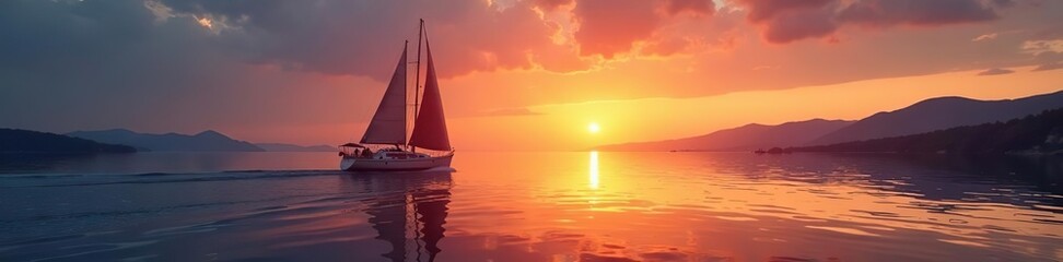 Fototapeta premium Fishing boat sailing at sunset with Le Morn Brabant in the background, serene panorama landscape, sunset, silhouette