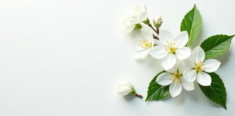 Fototapeta premium Delicate white blossoms and green leaves elegantly arranged on a white background, perfect for invitations, cards, and elegant designs, leaves, invitation