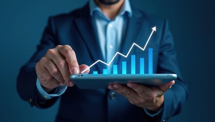 Businessman analyzing financial data and growth graph for strategic planning and investment progress on blue background,  businessman,  growth