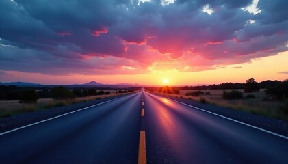 Naklejka premium Flat, large asphalt road under evening light with stunning twilight sky, sunset, outdoor