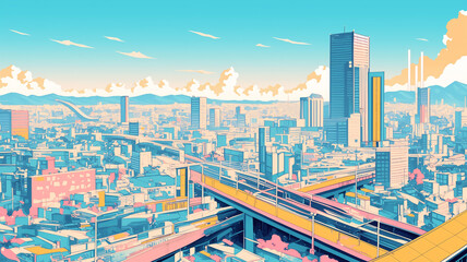 Obraz premium 青空と入道雲が美しい夏の都会風景イラスト・清涼感のある爽やかな都市景観・手描き感あふれる線画調のレトロポップスタイル・街並みと緑の自然が調和した癒し系背景素材・夏休みの日常・青春