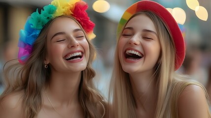 Fototapeta premium Two young women wearing vibrant pride themed clothing and accessories such as rainbow headbands are laughing together in a celebratory joyful manner