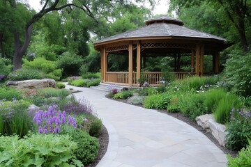 Wooden gazebo standing in a peaceful garden with winding pathway