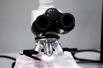 Optical microscope for scientist worker and lab technician use test explore looking small objects in laboratory or lab room of korean at Jeju island in Jeju do, South Korea