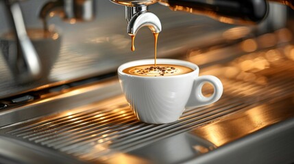 Steaming espresso with swirling coffee particles, minimalist brewing tools in soft focus, capturing the essence of coffee extraction.