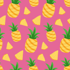 Pineapple fruit, slice, seamless pattern, summer background. Vector flat style illustrations, pink background