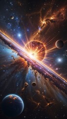 A brilliantly shining supernova explosion, pulsing with vibrant cosmic energy, bathes surrounding planets and nebulae in its dazzling light. The scene is captured in a striking painting, showcasing th