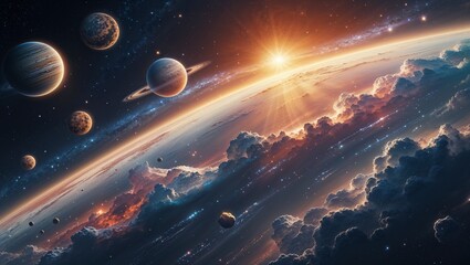 A luminously futuristic cosmic vista unfolds before the viewer: several planets shimmering in vivid hues, a colossal star radiating warm light, and glittering asteroids suspended in the void.