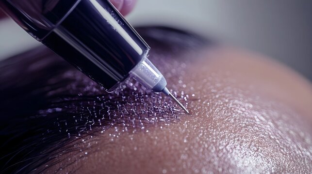 Close-up view of a person receiving a scalp micropigmentation treatment. The fine needle of the device is carefully applied to the scalp.
