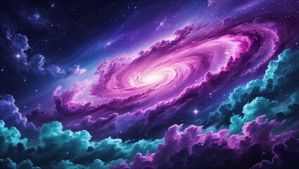 A mesmerizing cosmic night sky shimmers with a soft purple-blue hue, dotted with glowing stars and wispy nebula clouds. The focal point of this breathtaking painting is a majestic spiral galaxy