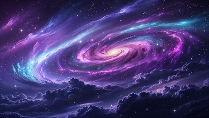 A mesmerizing cosmic night sky shimmers with a soft purple-blue hue, dotted with glowing stars and wispy nebula clouds. The focal point of this breathtaking painting is a majestic spiral galaxy