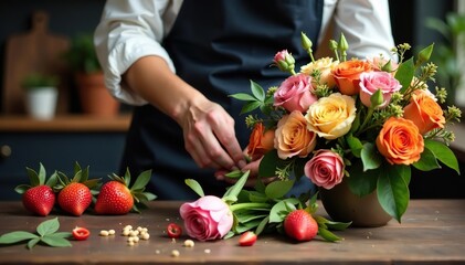 Florist arranging flower bouquet on wooden table surface,  bouquet,  table