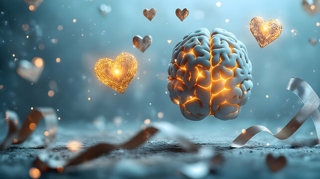 A clean light background with glowing brain symbols, minimal floating hearts and ribbons promoting calmness and mental clarity