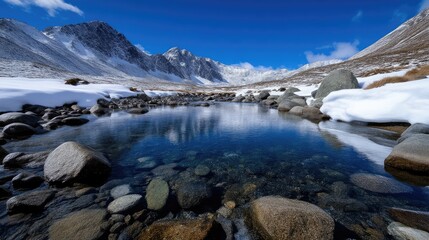 Crystal-clear alpine stream reflecting snow-capped peaks under a vibrant blue sky.  Rocky banks and patches of snow