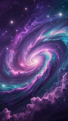 A mesmerizing cosmic night sky shimmers with a soft purple-blue hue, dotted with glowing stars and wispy nebula clouds. The focal point of this breathtaking painting is a majestic spiral galaxy