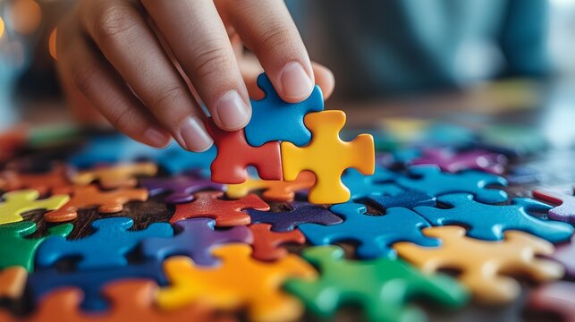 A hand carefully places a colorful puzzle piece into a nearly complete jigsaw puzzle on a wooden table.