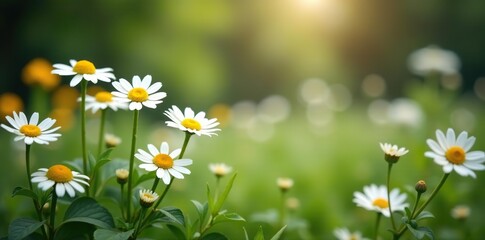 Chamomile flowers blooming in a vintage garden setting, with a retro filter applied for a nostalgic feel,  serene,  summer