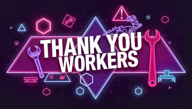Thank You Workers Neon Graphic with Tools and Shapes  