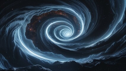 A mesmerizing vortex of swirling energy in the depths of outer space, casting an ominous light that distorts the fabric of reality. This cosmic phenomenon, known as a wormhole