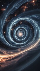 A mesmerizing vortex of swirling energy in the depths of outer space, casting an ominous light that distorts the fabric of reality. This cosmic phenomenon, known as a wormhole