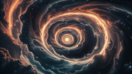 A mesmerizing vortex of swirling energy in the depths of outer space, casting an ominous light that distorts the fabric of reality. This cosmic phenomenon, known as a wormhole