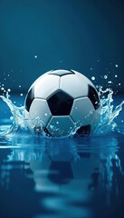 Naklejka premium Dynamic soccer ball in blue water ripples with splash effects on fluid background, dynamic, background