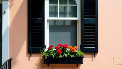 Charleston historic downtown window with black shutters and colorful flower window box,  Southern,  charm