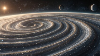 A shimmering asteroid belt drifts through a vast expanse of space, shimmering with cosmic dust and surrounded by glowing celestial bodies. This awe-inspiring image