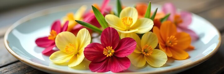 Obraz premium Edible primrose flowers delicately arranged on a plate, making a beautiful and colorful culinary presentation, culinary, organic