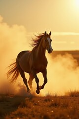 Obraz premium Horse galloping dusty sunset landscape