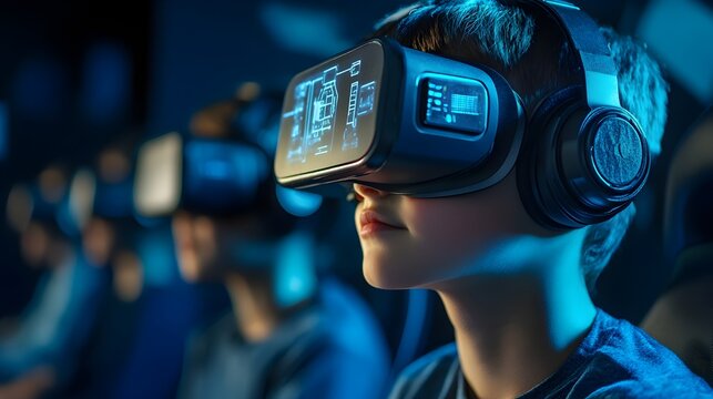 A young boy wea a VR headset experiences immersive virtual reality technology surrounded by other children in a futuristic setting. - Powered by Adobe