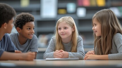 Four elementary school children engage in a collaborative learning discussion at a table in a classroom library setting.