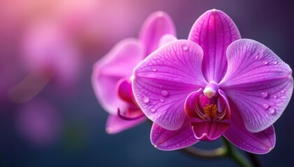 Obraz premium Close-up pink and purple orchids with water droplets creating vibrant background, purple, vibrant