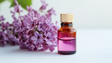 Lilac essential oil bottle in a clean, minimalistic setting, evoking natural simplicity and purity.
