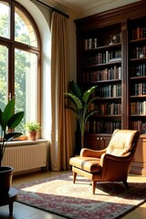 Elegant and sunlit home library with cozy atmosphere, filled with books and featuring a large window with a view Perfect background for virtual meetings and Zoom calls,  Books,  Empty Room