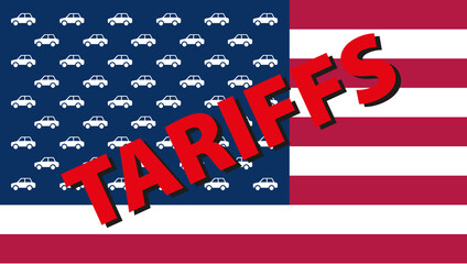 Part of the American flag with cars instead of stars and the word tariffs written over it as a symbol of economic policy
