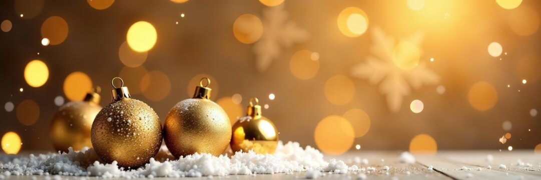 Christmas gold background with balls and snowflakes at top, ideal for festive winter business promotions,  balls,  snowflakes