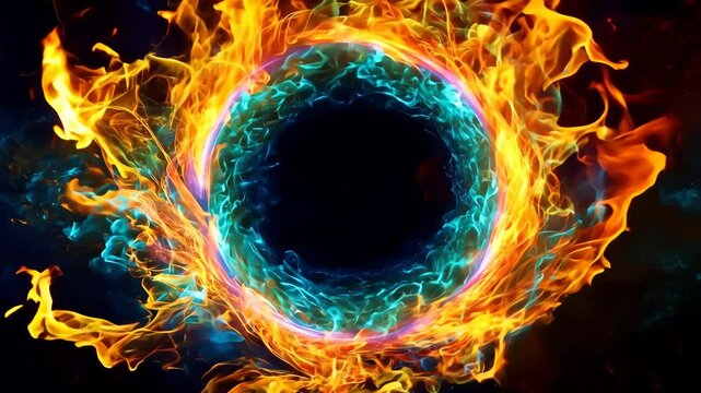 Vibrant Energy Circle with Fiery Auras and Abstract Designs in Motion