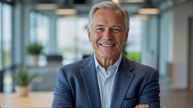 A confident old man smiling and crossing his arms in a professional office environment. Success and institutionalization. 