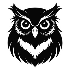 Black Owl Head Silhouette Vector Illustration. Nocturnal Bird of Prey in Minimalist Graphic Design, Perfect for Logos, Tattoos, Stickers, Emblems, and Wildlife Art on White Background