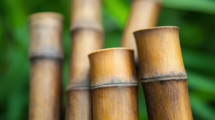 Naklejka premium Close-Up of Brown Bamboo Stalks Against Green Background