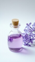 Lilac essential oil bottle in a clean, minimalistic setting, evoking natural simplicity and purity.
