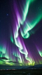 In the mesmerizing scene, swirling ribbons of vibrant green and purple Northern Lights dance across a vast cosmic expanse, framed by a backdrop of twinkling stars and distant galaxies. 