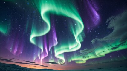 In the mesmerizing scene, swirling ribbons of vibrant green and purple Northern Lights dance across a vast cosmic expanse, framed by a backdrop of twinkling stars and distant galaxies. 