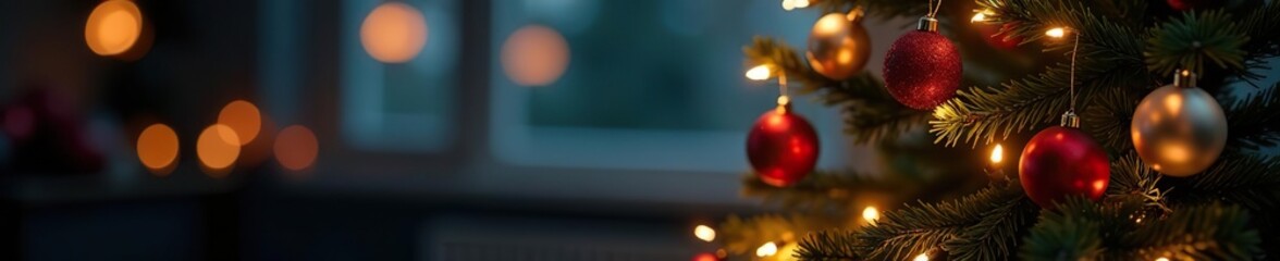 Fototapeta premium Christmas tree adorned with twinkling new year lights in a festive background, winter, holiday