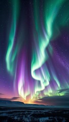 In the mesmerizing scene, swirling ribbons of vibrant green and purple Northern Lights dance across a vast cosmic expanse, framed by a backdrop of twinkling stars and distant galaxies. 