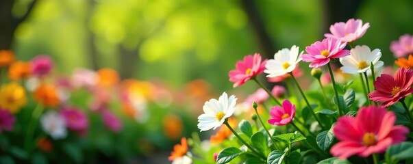 Naklejka premium Fresh green leaves and colorful flowers blooming in a vibrant garden during spring, season, spring