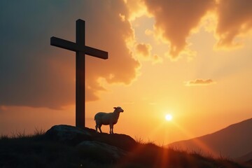 God Lamb standing in front of the cross of Jesus Christ, illuminated by the radiant light of the sunrise in the background,  salvation,  Christian