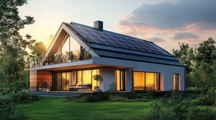 Fototapeta premium Modern Solar Home Exterior at Sunset,Architecture ,Renewable Energy